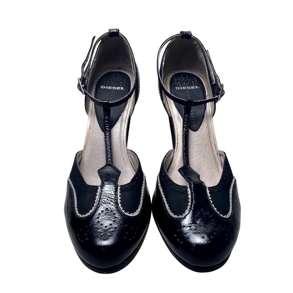 Diesel Black Genuine Leather T- Strap Wingtip Vintage Inspo Pin Up Heels Sz 9 US - Picture 9 of 16